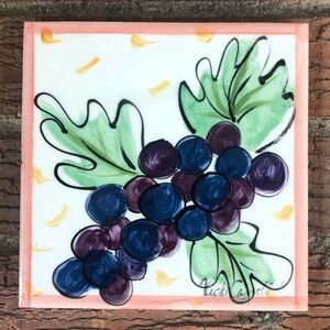 Vintage Hand Painted Grapes Square Ceramic Tile Trivet by Vicki Carroll 6” x 6”
